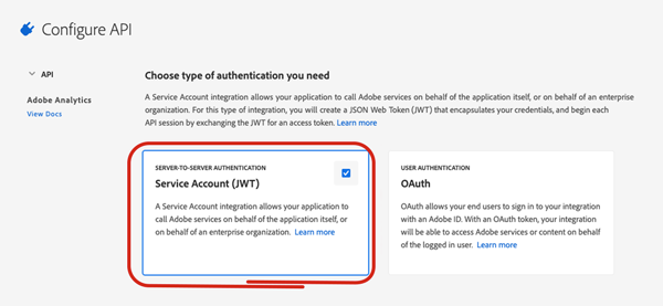 Choosing Service Account (JWT) as the authentication type in the Adobe Developer Console