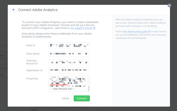 Filling in the Adobe Analytics authentication credentials in ContentKing