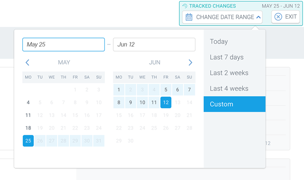 Screenshot of a calendar that allows the user to set a date range for the issue changes in ContentKing