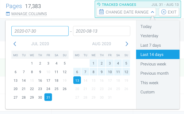 Screenshot of the date range selector for the tracked changes in ContentKing