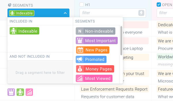 Screenshot of the Segments filter on the Page Change Tracking screen used to narrow down the result set