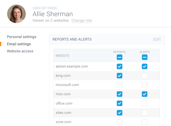 Screenshot showing the way of assigning alert recipients from the user perspective in ContentKing
