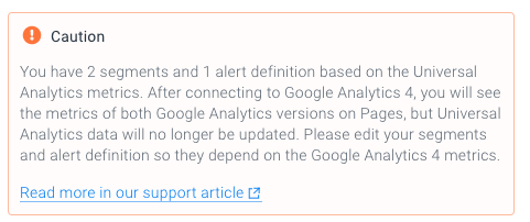 Screenshot of the caution box when changing the Google Analytics version