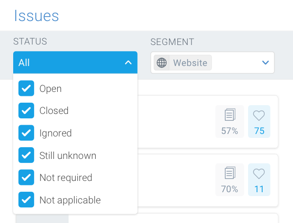 Screenshot of the Status filter in the Issues section which allows you to filter on the issues based on their status