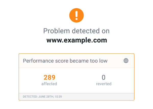 Screenshot of an alert from ContentKing notifiying the user about the Performance score worsening on a significant number of pages