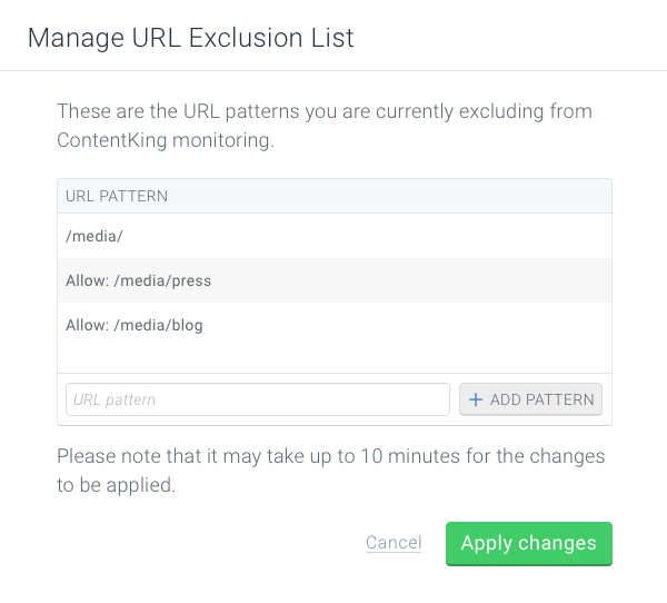 ContentKing manage Url Exclusion List modal