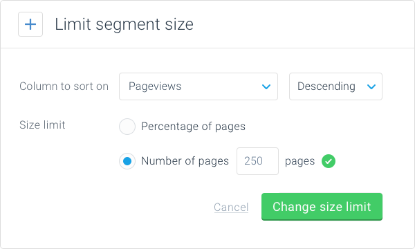Screenshot showing a window in which you can set a size limit for a segment in ContentKing