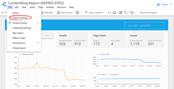 Screenshot showing Google Data Studio report settings